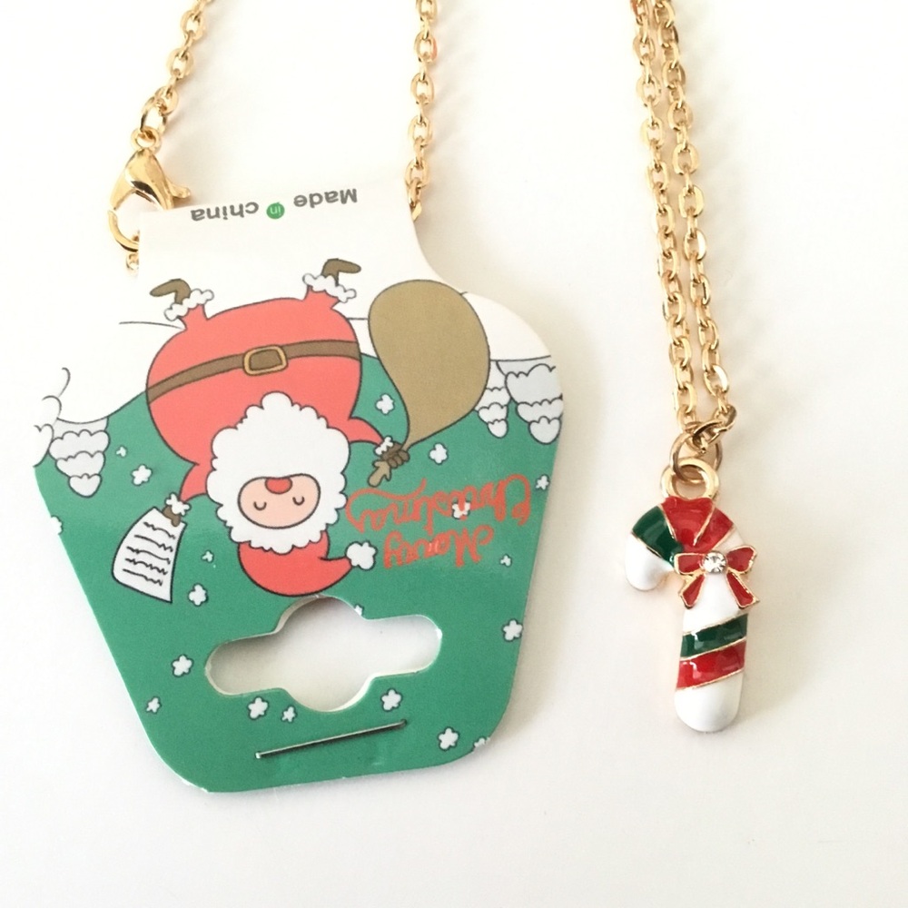 New Gold Tone Candy Cane Charm Necklace